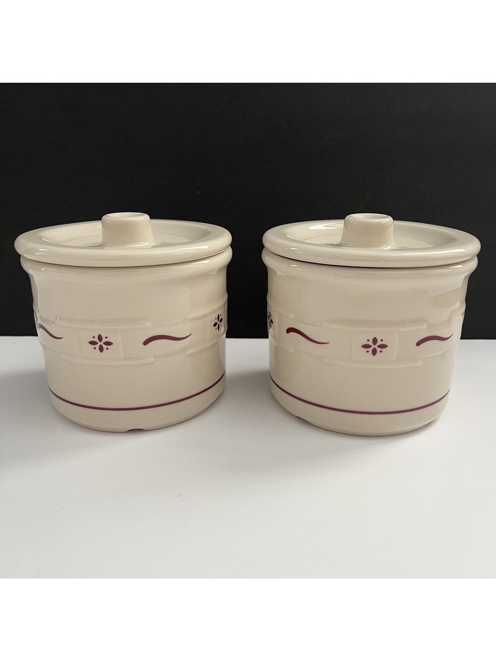 2 Longaberger Pottery Woven Traditions Red Candy Jar 1 Pint Salt Crock & Lid USA